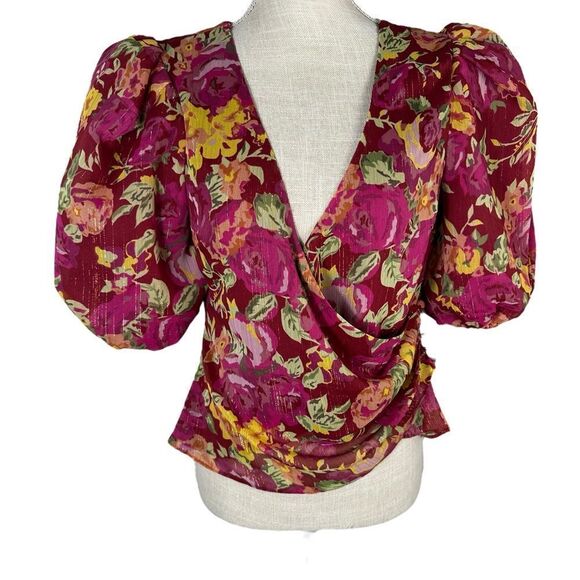 Revolve LPA Ada Puff Sleeve Pink Floral Wrap Crop Blouse - Picture 5 of 14